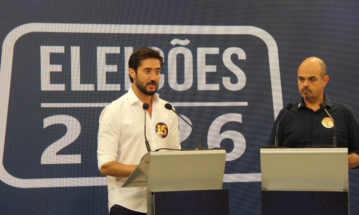 Candidatos Gabriel Azevedo e Mateus Simões discutem segurança pública em Minas Gerais durante debate eleitoral - (crédito: Gladyston Rodrigues/EM/DA Press)
