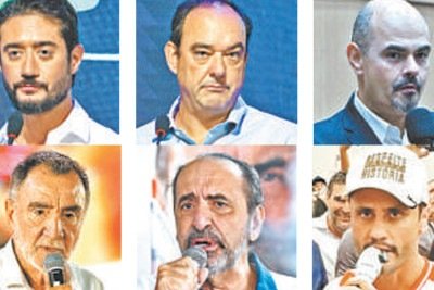 Gabriel Azevedo, Flávio Roscoe, Mateus Simões, Patrus Ananias, Alexandre Kalil e Cleitinho Azevedo foram convidados para o debate da TV Alterosa -  (crédito: MARCOS VIEIRA/EM/DA. PRESS; MARCOS VIEIRA/EM/DA. PRESS; EDESIO FERREIRA/EM/D.A.PRESS DOUGLAS MAGNO/AFP GLADYSTON RODRIGUES/EM/D.A.PRESS; REPRODUÇÃO DE VÍDEO)
