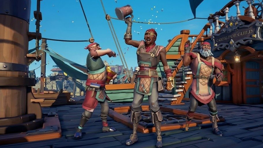 Personagens de Sea of Thieves celebram a oportunidade de jogar o t&iacute;tulo de gra&ccedil;a no Xbox e PC neste fim de semana -  (crédito: Divulga&ccedil;&atilde;o)