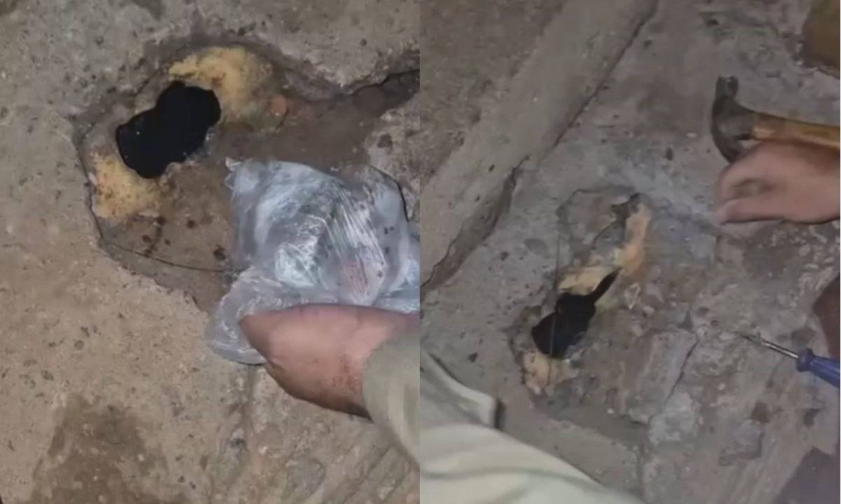 Policiais militares encontraram diversas porções de droga, incluindo crack, cocaína e maconha, em um cano de esgoto em Minas Gerais - (crédito: PMMG/Divulgação)