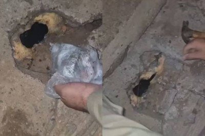 Policiais militares encontraram diversas porções de droga, incluindo crack, cocaína e maconha, em um cano de esgoto em Minas Gerais -  (crédito: PMMG/Divulgação)