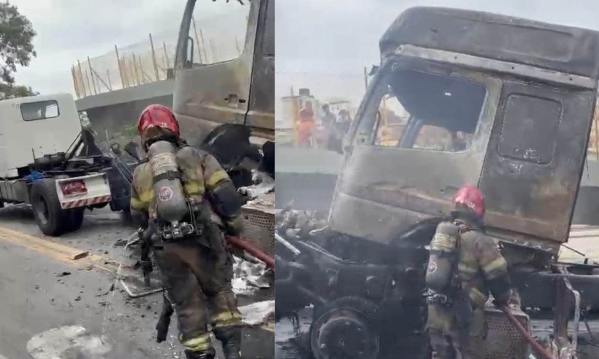 Bombeiros combatem incêndio em caminhão no bairro Vila Oeste, próximo a Arena MRV, na tarde desta segunda-feira (21) - (crédito: Divulgação/CBMMG)
