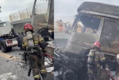 Bombeiros combatem incêndio em caminhão no bairro Vila Oeste, próximo a Arena MRV, na tarde desta segunda-feira (21) -  (crédito: Divulgação/CBMMG)