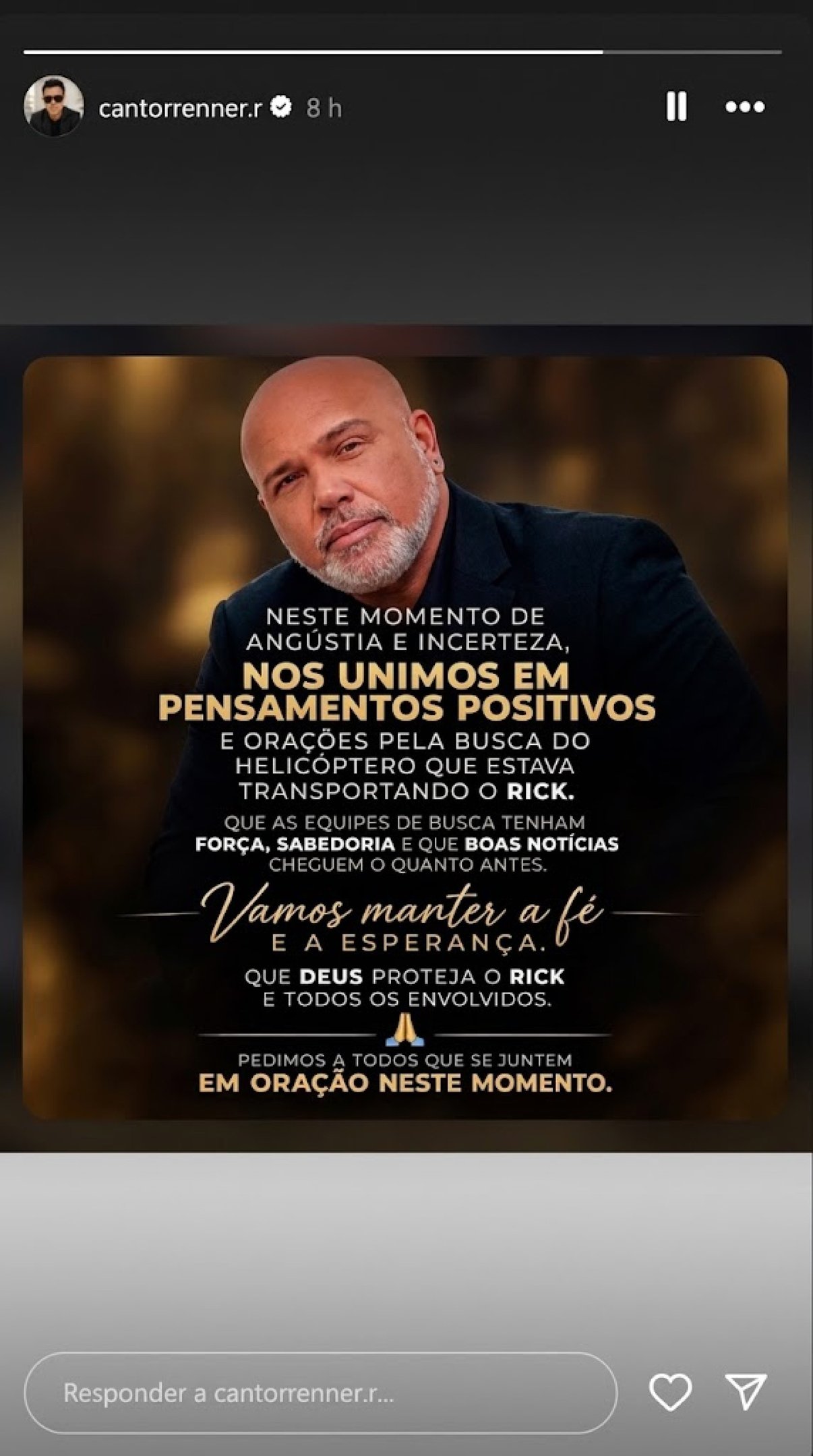 Renner pede ora&ccedil;&otilde;es para Rick, imagem mostra Stories do Instagram de Renner 
