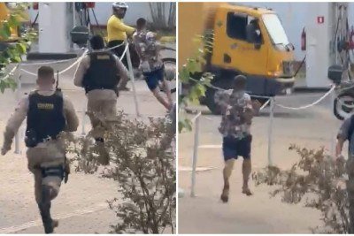 Policiais foram filmados correndo atrás de criminoso algemado em avenida de BH nesta quinta-feira (24) -  (crédito: Reprodução)