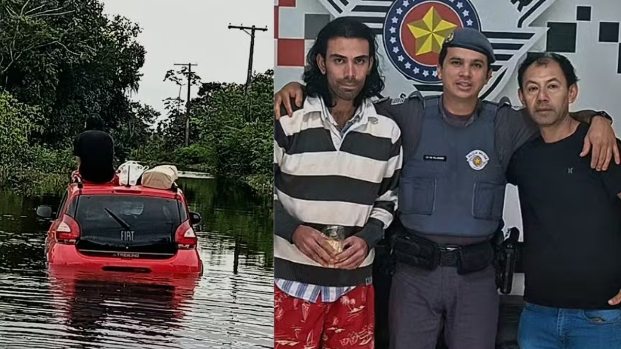 Argentino &eacute; resgatado de carro submerso em Iguape e posa com policiais que auxiliaram na sua identifica&ccedil;&atilde;o e reencontro com a fam&iacute;lia -  (crédito: Pol&iacute;cia Militar de Iguape)