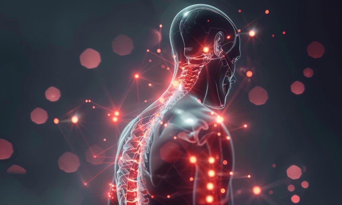 A digital human model displays areas of spinal and joint pain highlighted in red against a dark backdrop.
- (crédito: DINO)