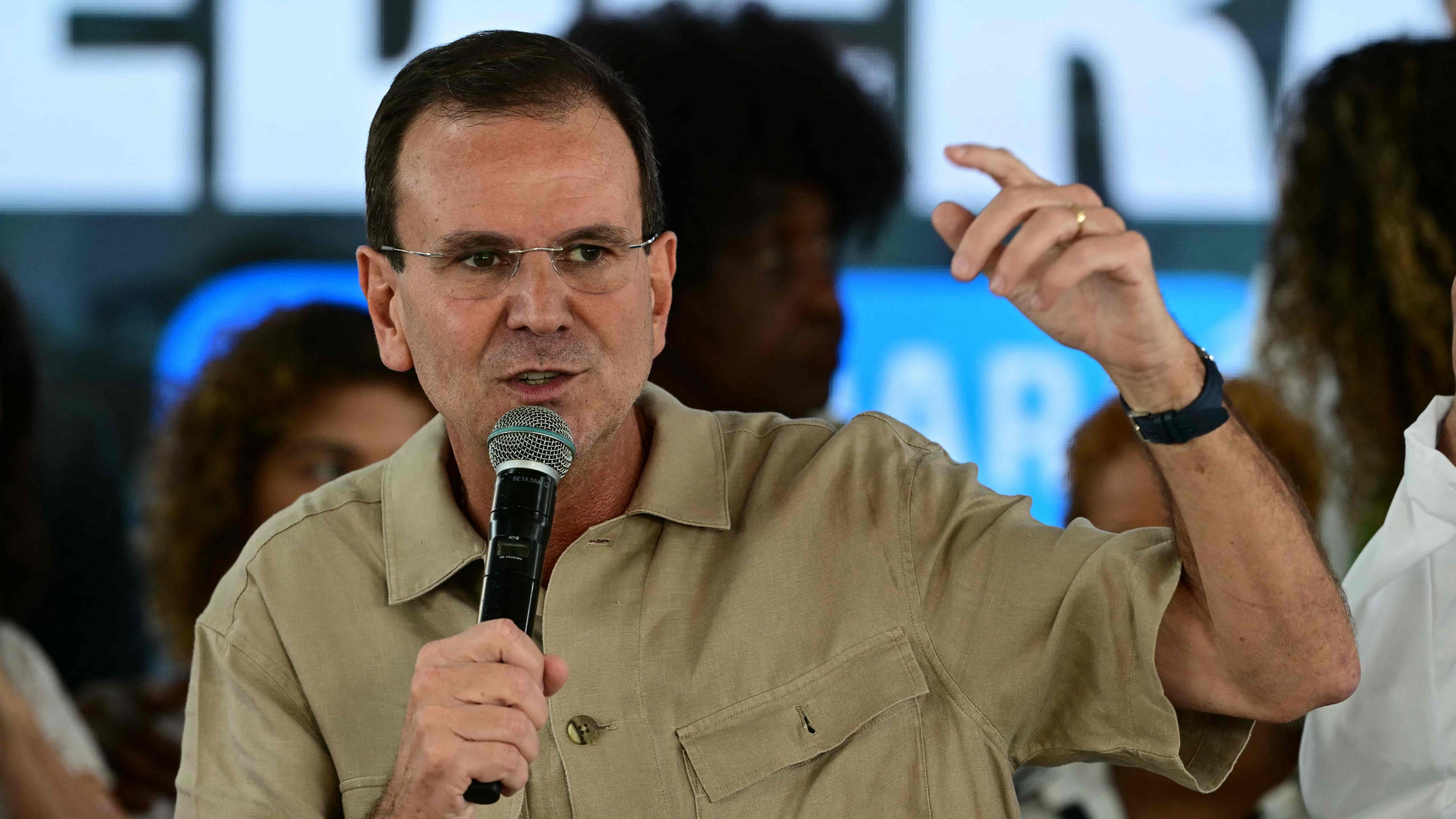 O candidato Eduardo Paes, do PSD, discursa em evento de campanha para o governo do Rio de Janeiro nas Elei&ccedil;&otilde;es 2026 -  (crédito: Pablo PORCIUNCULA / AFP)