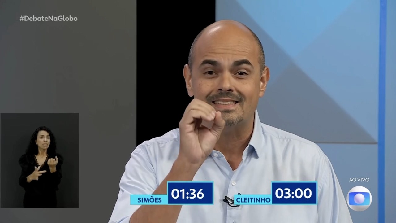 Mateus Simões no debate da TV Globo, onde criticou a gestão do PT em Minas Gerais e provocou o adversário Patrus Ananias - (crédito: Reprodução/TV Globo)
