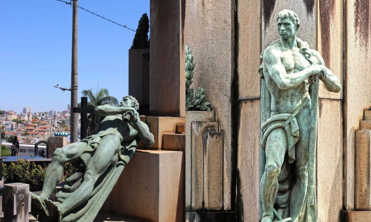 Estátua que figurava no Mausoléu do ex-governador de Minas Gerais, Olegário Maciel, no Cemitério do Bonfim, na região Noroeste de Belo Horizonte. A queda da estrutura foi devido às fortes ventanias que assolaram a região no início do mês de setembro - (crédito: Montagem feita com fotos tiradas por: Hatus Filipe Barros Roseno, monitor projeto Visitas ao Bonfim e Zé Rocha, designer e docente na Escola de Design da UEMG)