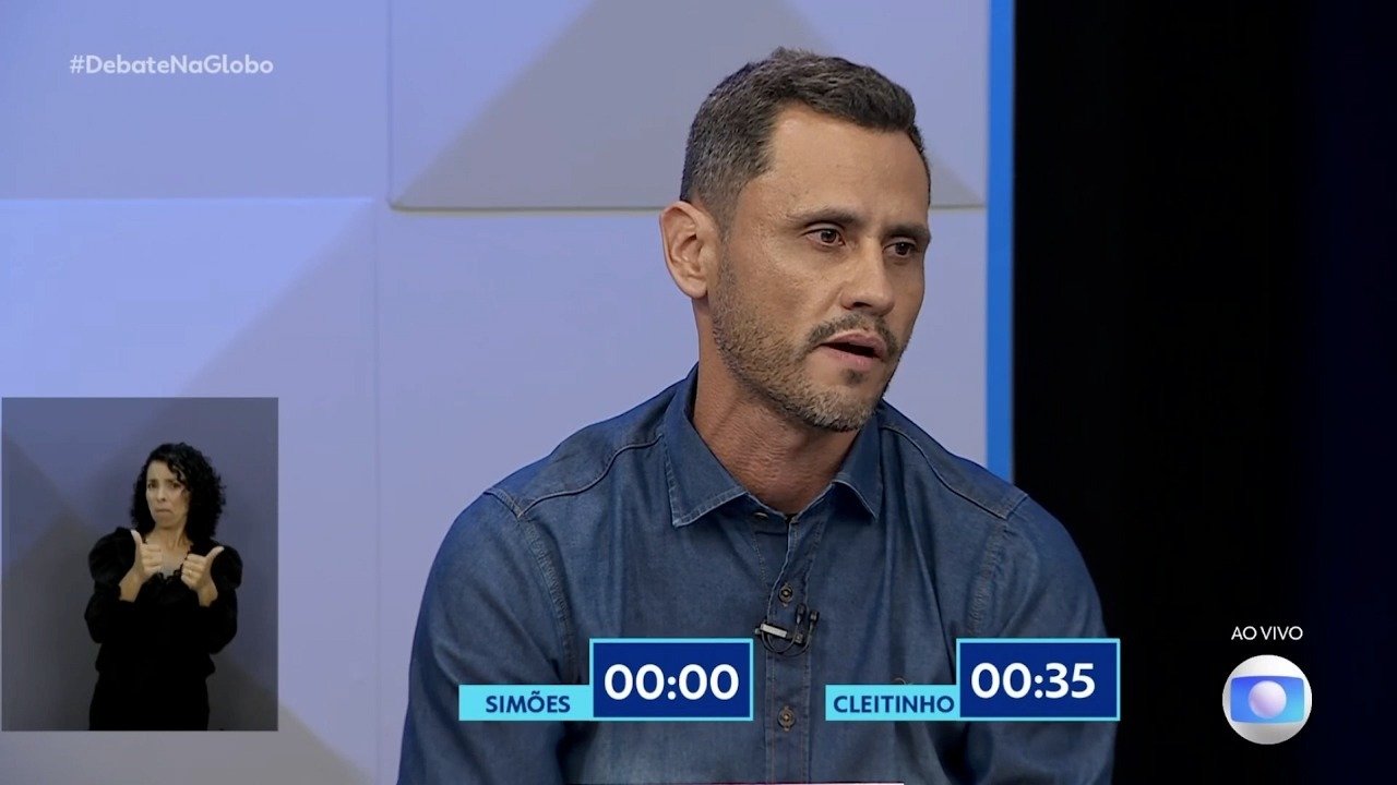Cleitinho Azevedo durante debate da TV Globo, onde exp&ocirc;s suas propostas e criticou o PT -  (crédito: Reprodu&ccedil;&atilde;o/ TV Globo)