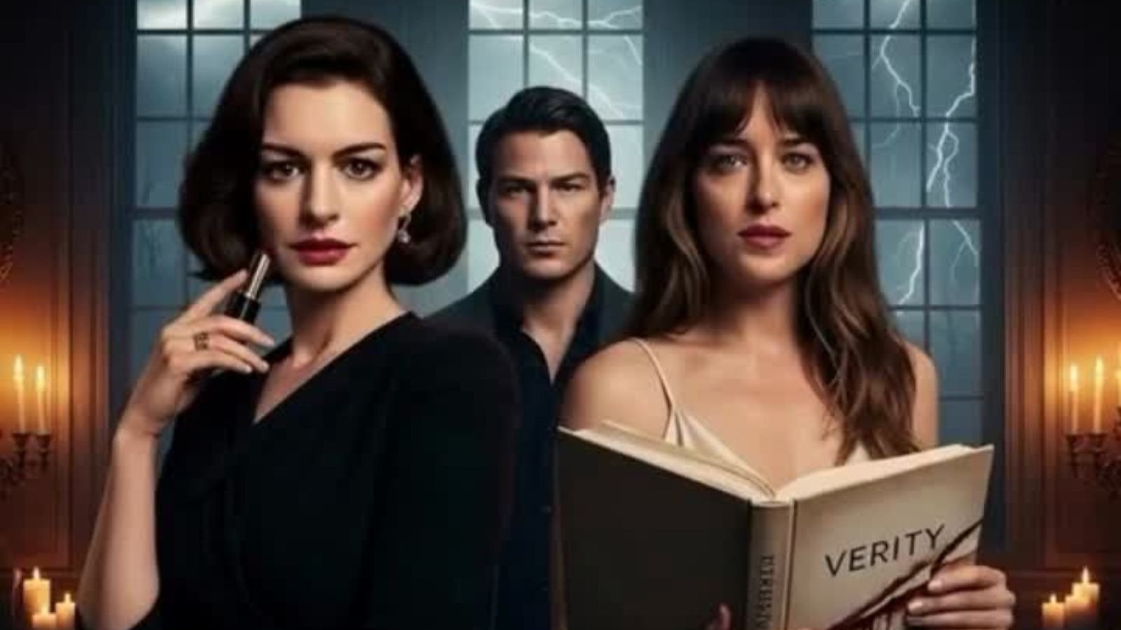 Anne Hathaway, Dakota Johnson e Josh Hartnett em imagem de divulga&ccedil;&atilde;o da adapta&ccedil;&atilde;o de "Verity", o best-seller de Colleen Hoover -  (crédito: Divulga&ccedil;&atilde;o)