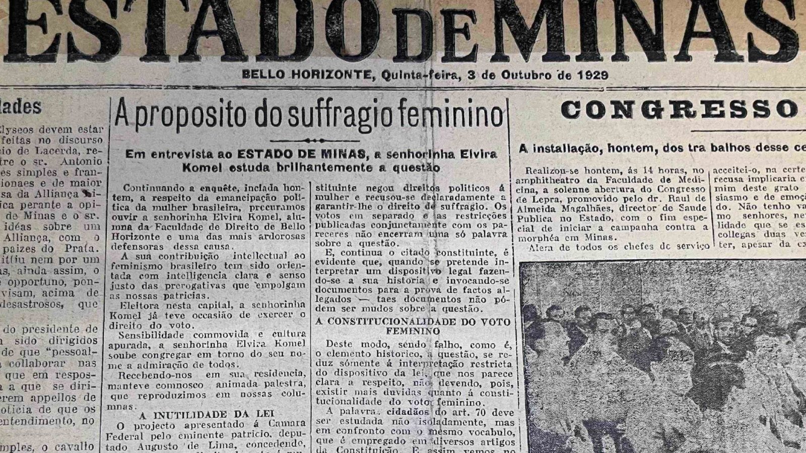 Na edi&ccedil;&atilde;o de 3 de outubro de 1929, o Estado de Minas entrevistou Elvira Komel