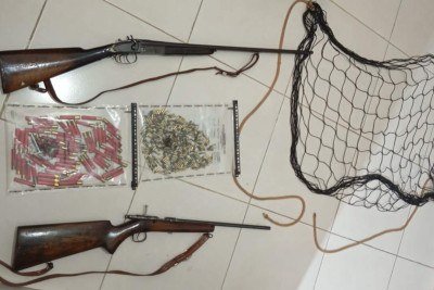 Armas, muni&ccedil;&otilde;es e rede de ca&ccedil;a apreendidas pela Pol&iacute;cia Militar nesta quinta-feira (1&ordm;/10) -  (crédito: Pol&iacute;cia Militar/Divulga&ccedil;&atilde;o)