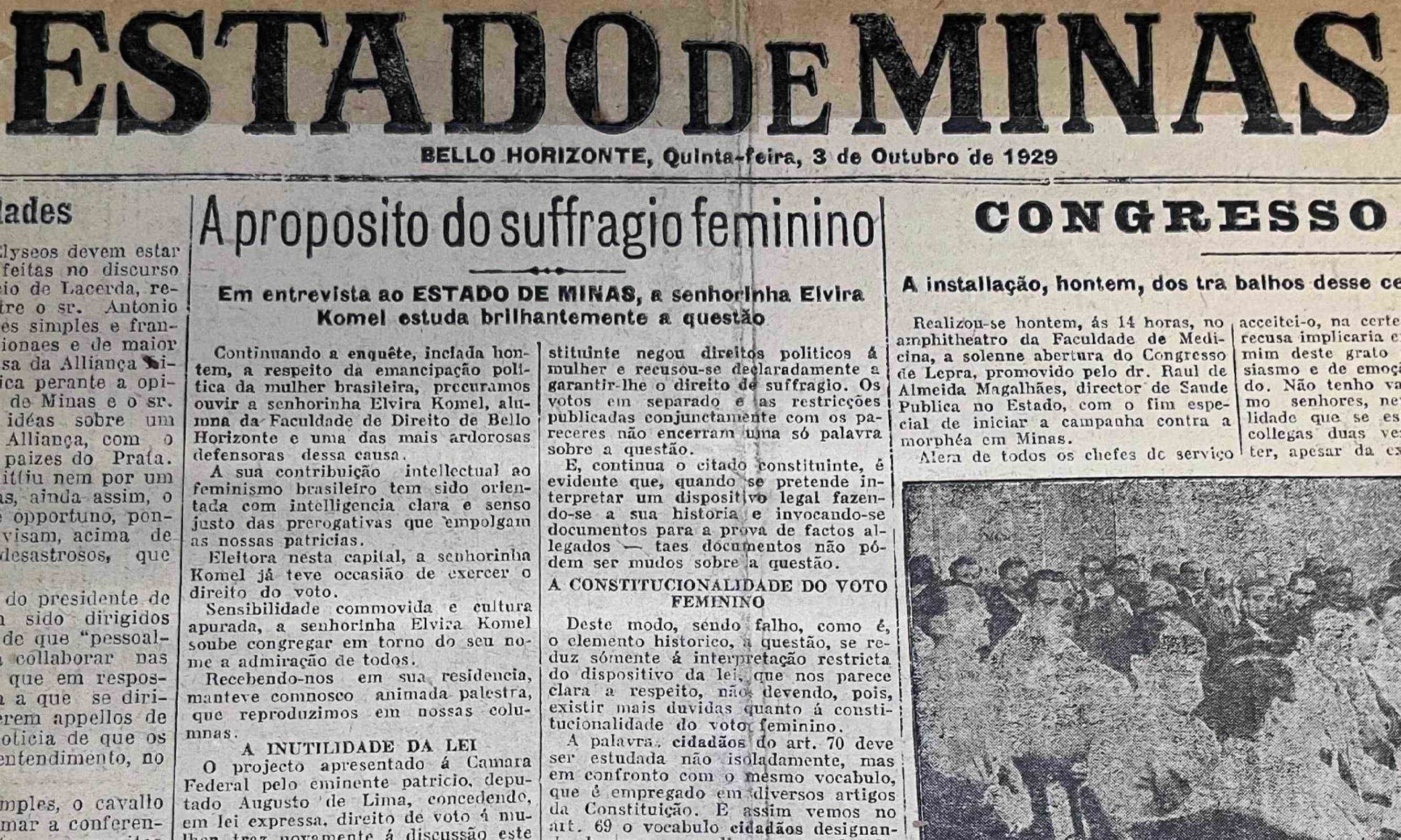 Na edi&ccedil;&atilde;o de 3 de outubro de 1929, o Estado de Minas entrevistou Elvira Komel