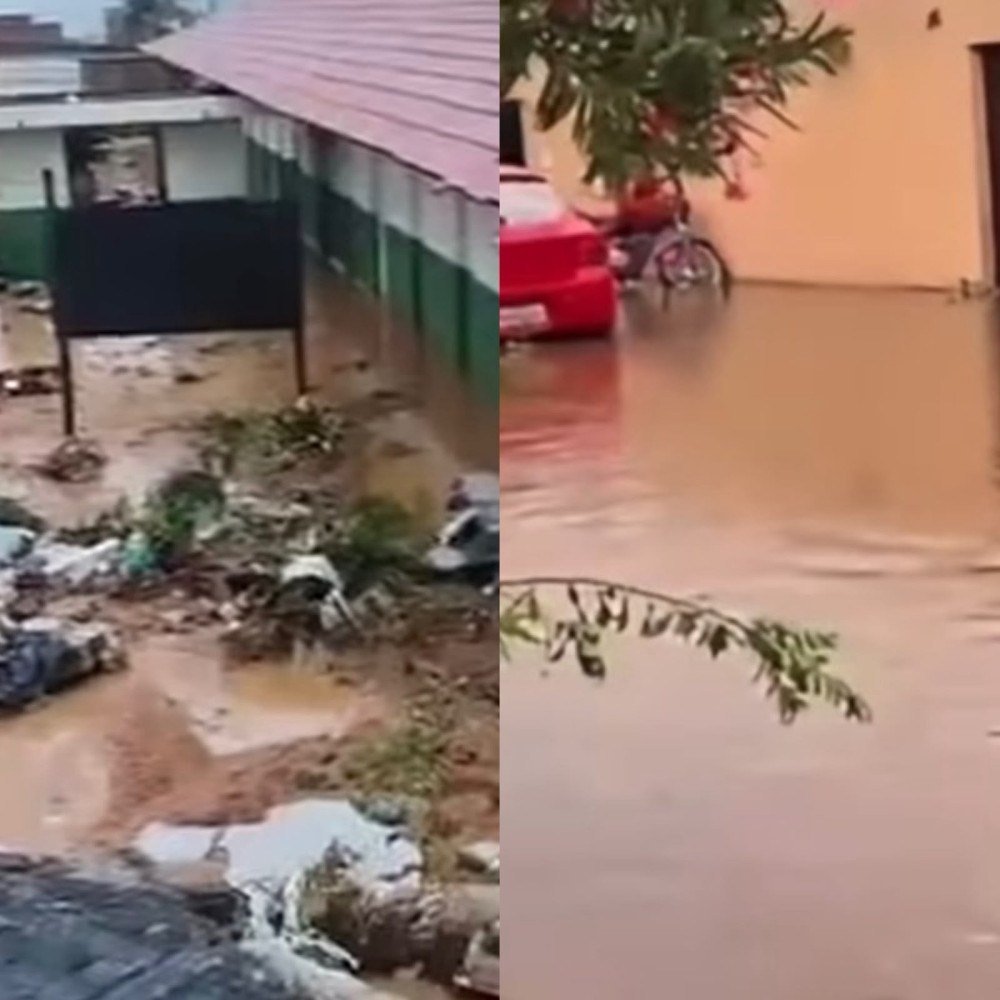 Tempestade alaga ruas e derruba muro de escola em Montes Claros