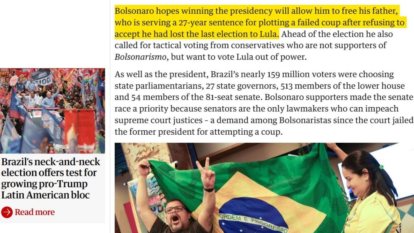 The Guardian manteve trecho da reportagem no qual afirma que inten&ccedil;&atilde;o de Fl&aacute;vio &eacute; liberar o pai, Jair Bolsonaro, da condena&ccedil;&atilde;o a 27 anos de pris&atilde;o 