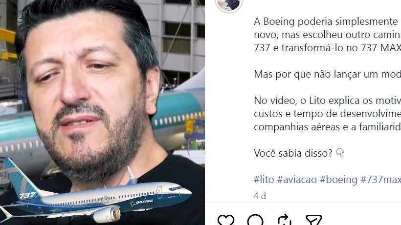 Em seu &uacute;ltimo v&iacute;deo, Lito Sousa explica a transi&ccedil;&atilde;o do Boeing 737 para o 737 MAX, um de seus ensinamentos finais -  (crédito: Instagram/Reprodu&ccedil;&atilde;o )
