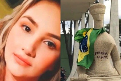 D&eacute;bora do Batom, condenada por pichar a est&aacute;tua "A Justi&ccedil;a" no STF, teve progress&atilde;o de regime autorizada por Alexandre de Moraes. -  (crédito:  Reprodu&ccedil;&atilde;o Redes Sociais; Joedson Alves/Ag&ecirc;ncia Brasil (Arquivo))