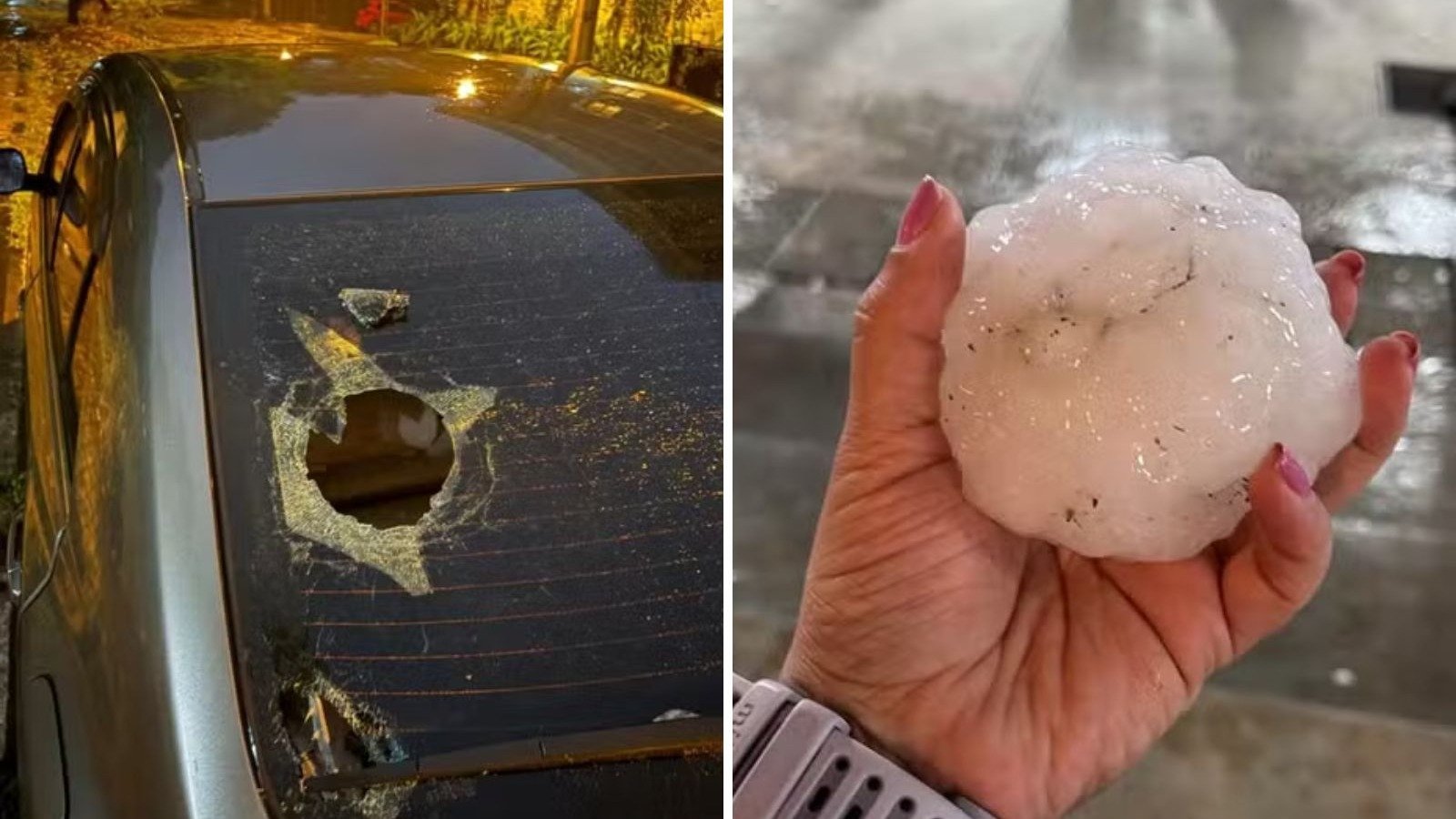 O granizo que atingiu o Paraguai quebrou vidros de carros e causou estragos, com pedras de gelo gigantes como a mostrada na imagem -  (crédito: Reprodu&ccedil;&atilde;o / X / @estacion_bcp)