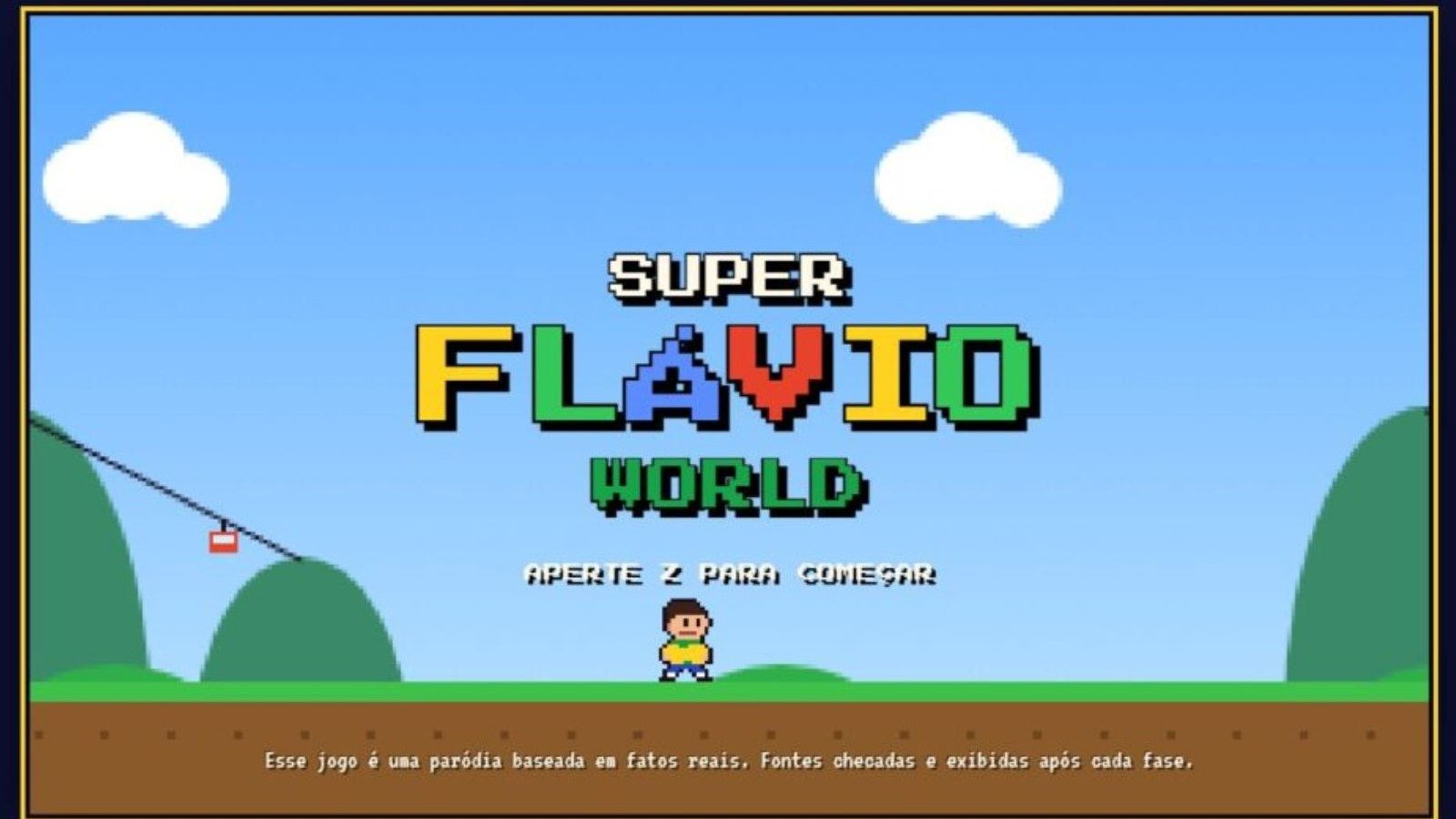 A tela inicial de 'Super Fl&aacute;vio World', o jogo independente que satiriza investiga&ccedil;&otilde;es e esc&acirc;ndalos ligados ao pol&iacute;tico Fl&aacute;vio Bolsonaro -  (crédito: Reprodu&ccedil;&atilde;o)