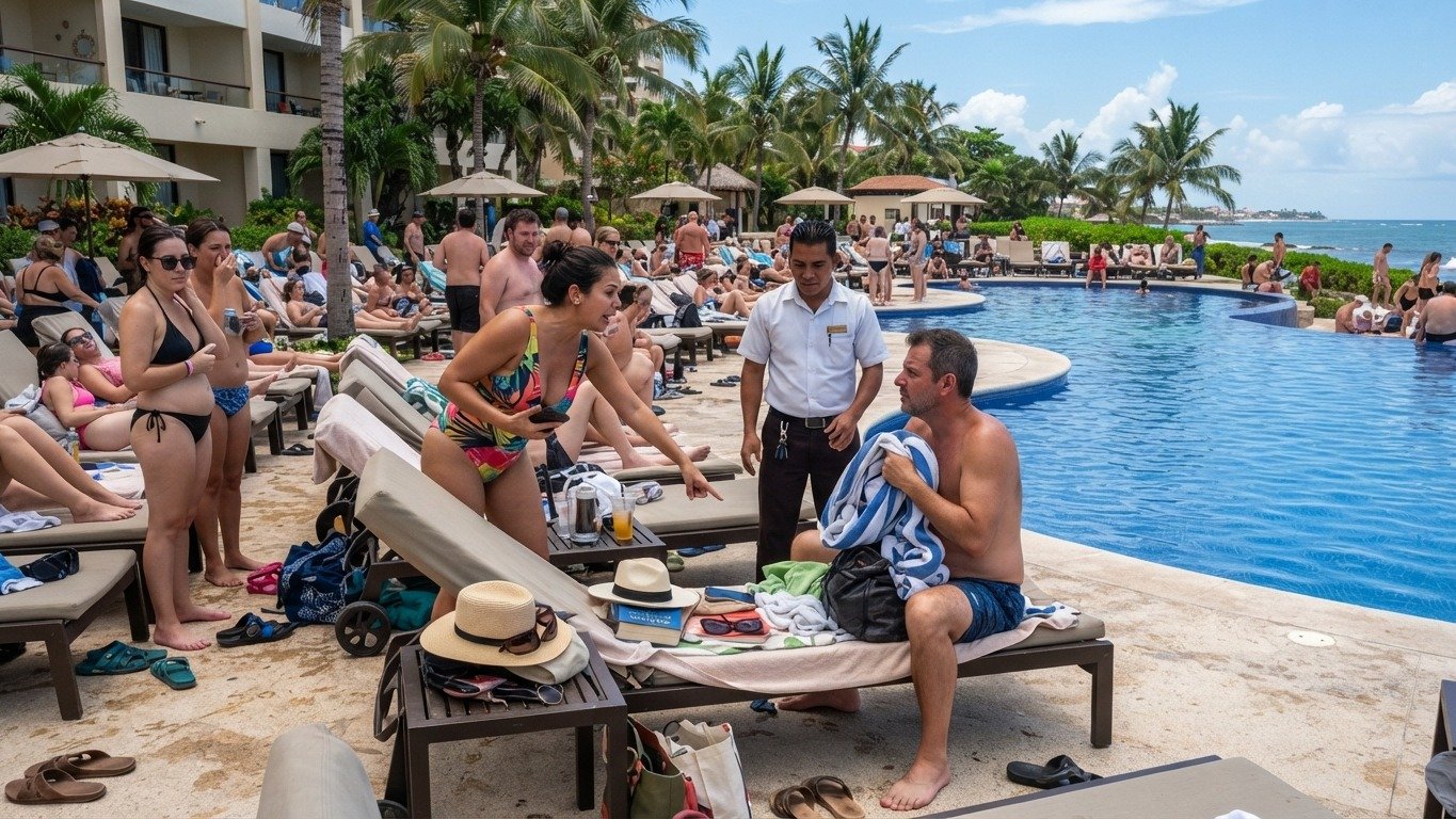 H&oacute;spedes se amontoam na piscina de um resort, remetendo ao problema da disputa por espregui&ccedil;adeiras em hot&eacute;is de veraneio. -  (crédito: Ilustrativa / Gerada com IA)