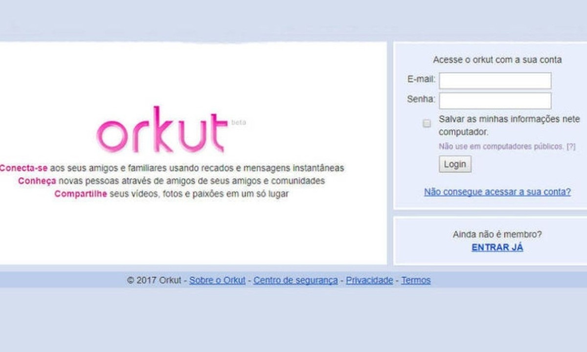 Relembre a tela de acesso do Orkut, que influenciou o cenário das redes sociais e inspira o fundador a criar um novo projeto - (crédito: Reprodução)