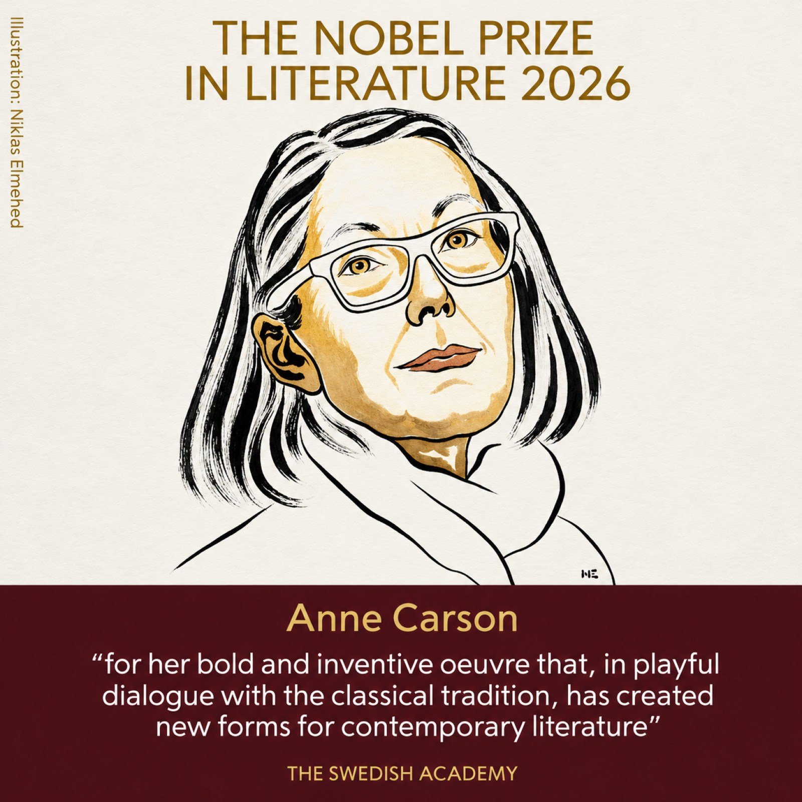  Anne Carson vence Nobel de Literatura 2026, imagem mostra justificativa pelo pr&ecirc;mio dado a ela.  