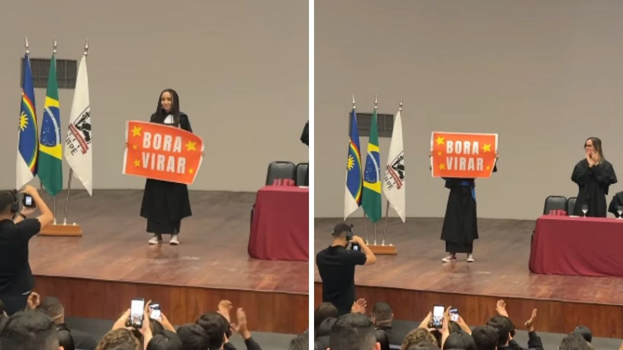 Aluna da UFPE exibe cartaz 'BORA VIRAR' em sua cola&ccedil;&atilde;o de grau, um gesto de apoio &agrave; campanha eleitoral do presidente Lula -  (crédito: Redes sociais)