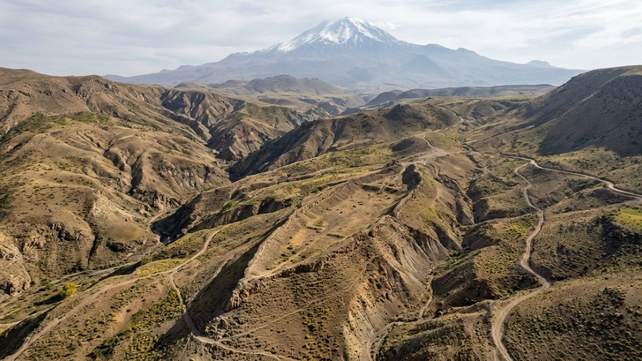 Paisagem montanhosa no leste da Turquia, local das investiga&ccedil;&otilde;es sobre a forma&ccedil;&atilde;o de Durupinar e a Arca de No&eacute; -  (crédito: Imagem ilustrativa criada por intelig&ecirc;ncia artificial)