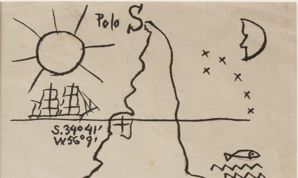 Am&eacute;rica do Sul Universalismo, 1943 Am&eacute;rica del Sur Universalismo tinta sobre papel [tinta sobre papel] Acervo [Colecci&oacute;n] Museo Torres Garc&iacute;a 22 x 16 cm. Joaqu&iacute;n Torres Garc&iacute;a - 150 anos Curadoria: Saulo di Tarso.