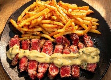 Ancho defumado, creme de mostarda com pimenta verde e batatas rústicas com páprica doce do restaurante Machado BBQ -  (crédito: Arquivo pessoal)