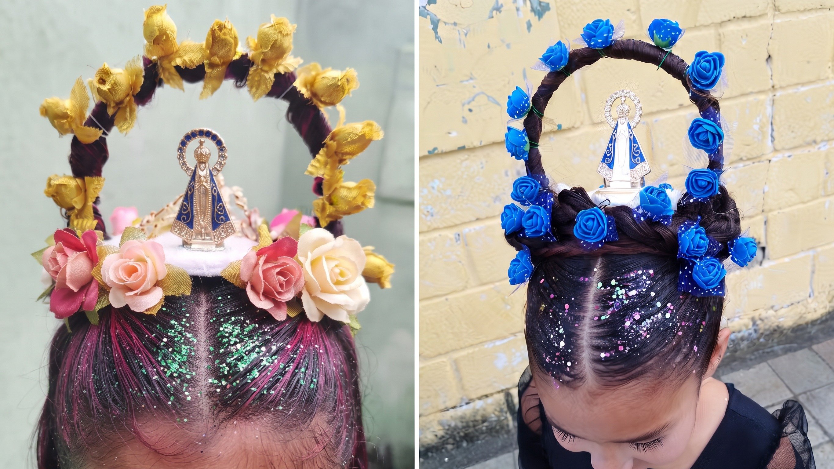 Duas estudantes levam a devo&ccedil;&atilde;o a Nossa Senhora Aparecida para as salas de aula com penteados criativos no Dia do Cabelo Maluco -  (crédito: Reprodu&ccedil;&atilde;o / Arquivo Pessoal)