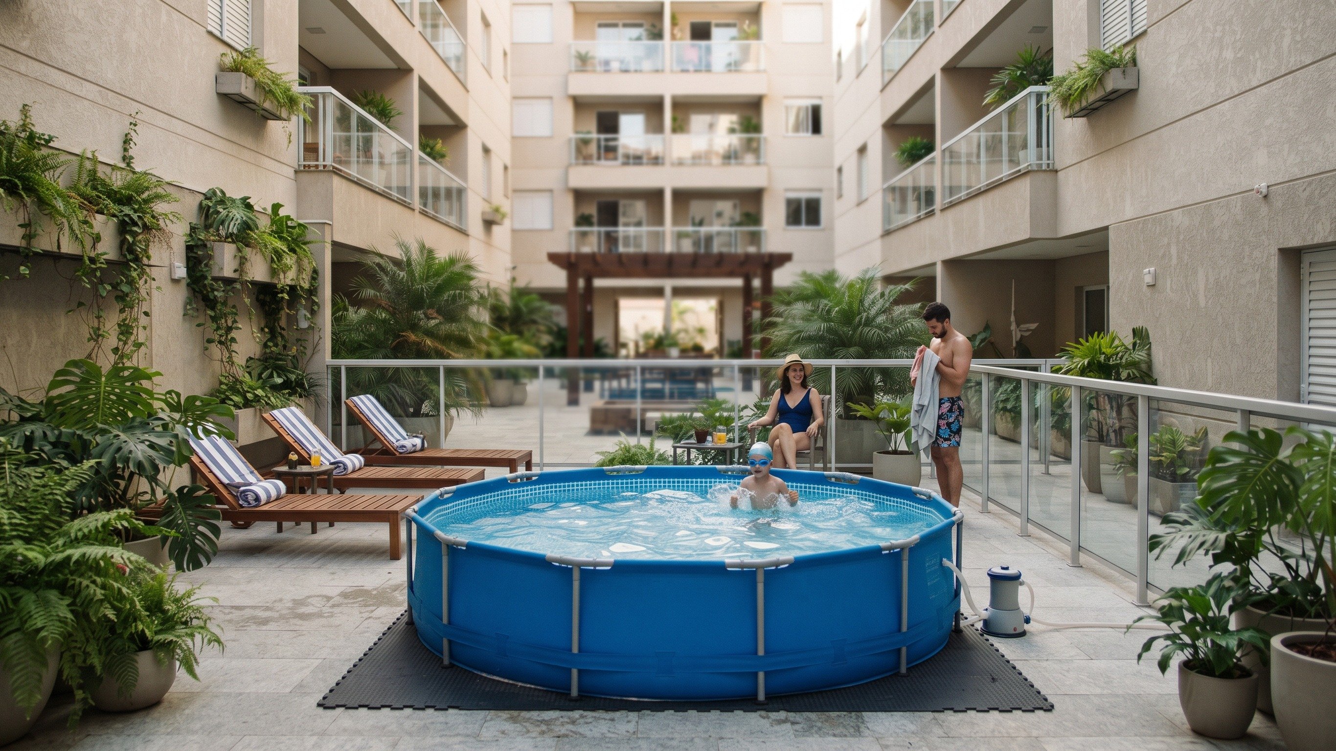 Piscinas port&aacute;teis em p&aacute;tios internos de edif&iacute;cios, como esta, representam um risco estrutural e legal para moradores, segundo autoridades -  (crédito: Ilustrativa - Gerada por IA)