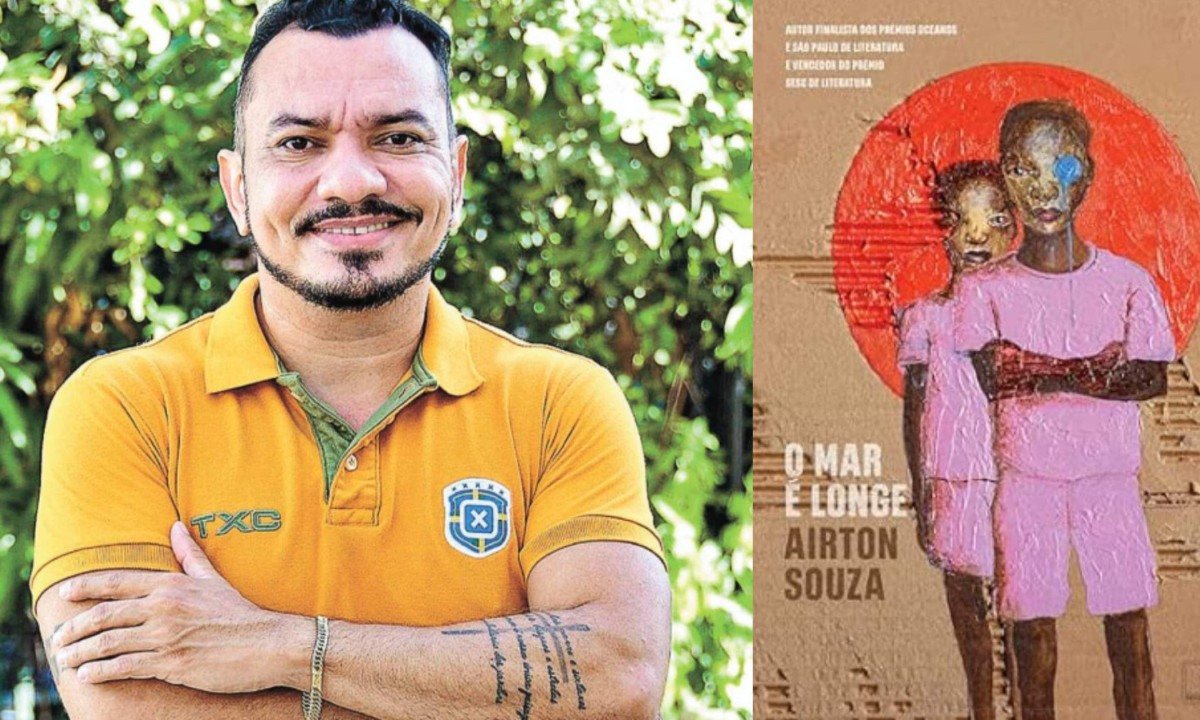 O escritor Airton Souza e a capa do livro 'O mar é longe' - (crédito: Reprodução)