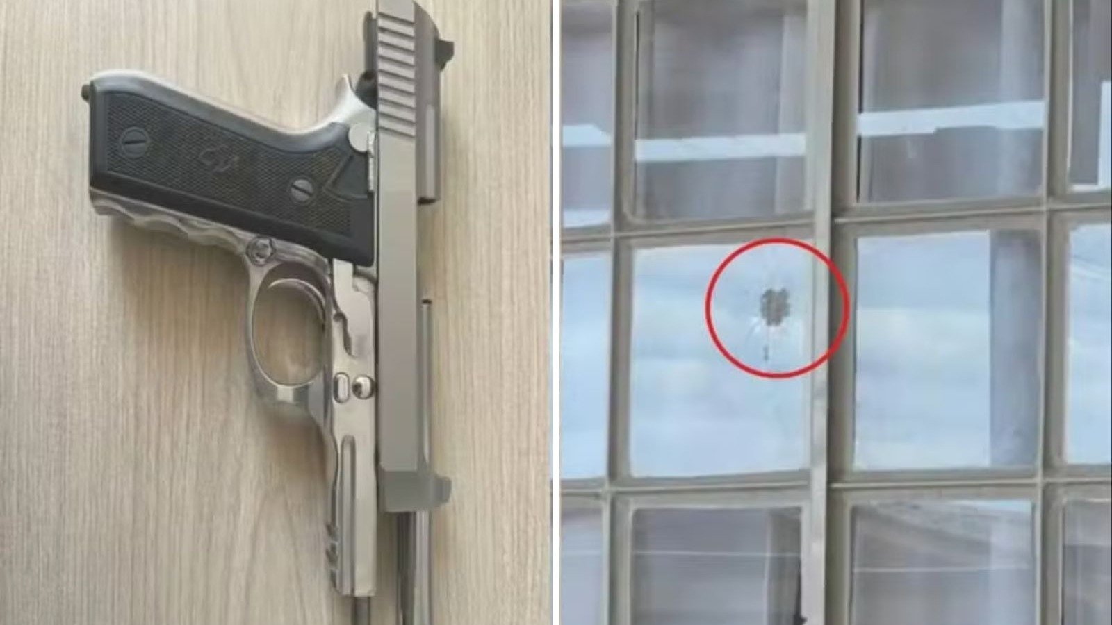 Pistola apreendida e janela atingida pelo disparo que feriu adolescente em Chapec&oacute; -  (crédito: Pol&iacute;cia Civil/Divulga&ccedil;&atilde;o)