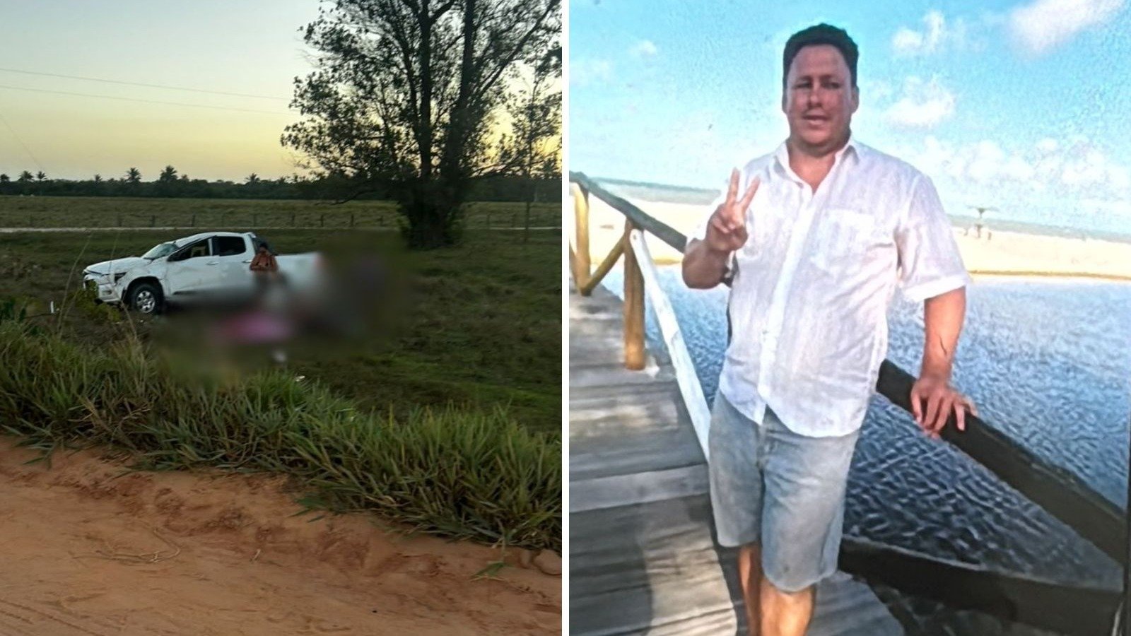 Paulo Adilson Basilato, v&iacute;tima de acidente fatal em S&atilde;o Mateus, e o ve&iacute;culo ap&oacute;s a colis&atilde;o que o arremessou para fora -  (crédito: Divulga&ccedil;&atilde;o / arquivo pessoal)