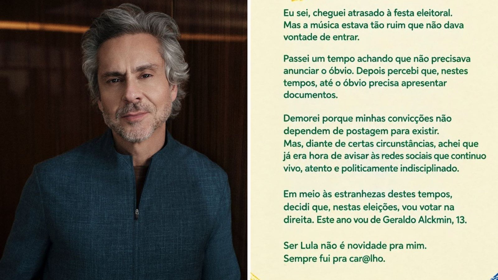 Alexandre Nero declarou seu voto em Lula e Alckmin em publica&ccedil;&atilde;o nas redes sociais com texto humorado -  (crédito: Redes sociais)