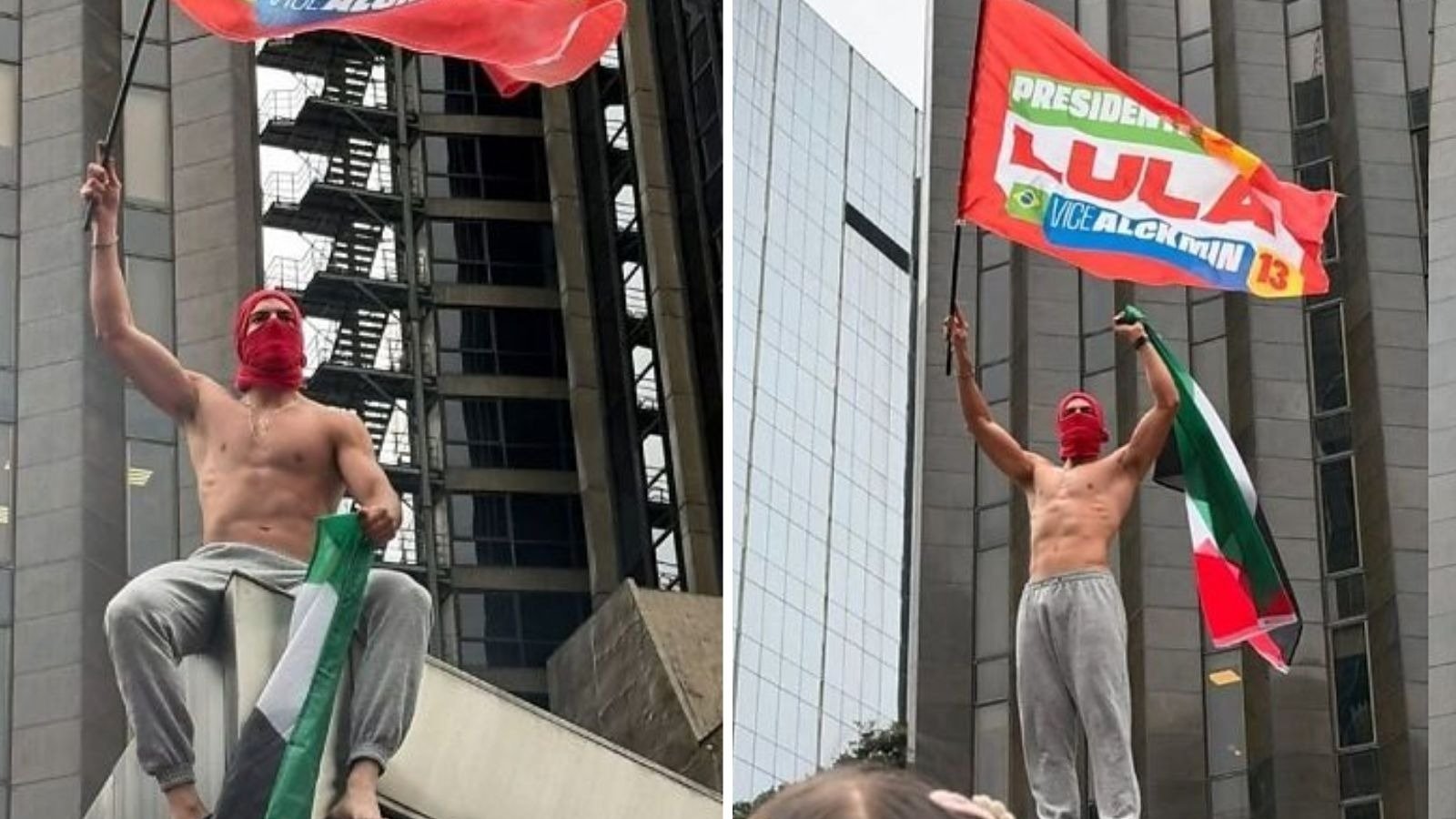 Israel Augusto, o 'Gostoso da Paulista', empunha bandeiras em apoio &agrave; campanha de Lula durante a manifesta&ccedil;&atilde;o na Avenida Paulista -  (crédito: Redes sociais)