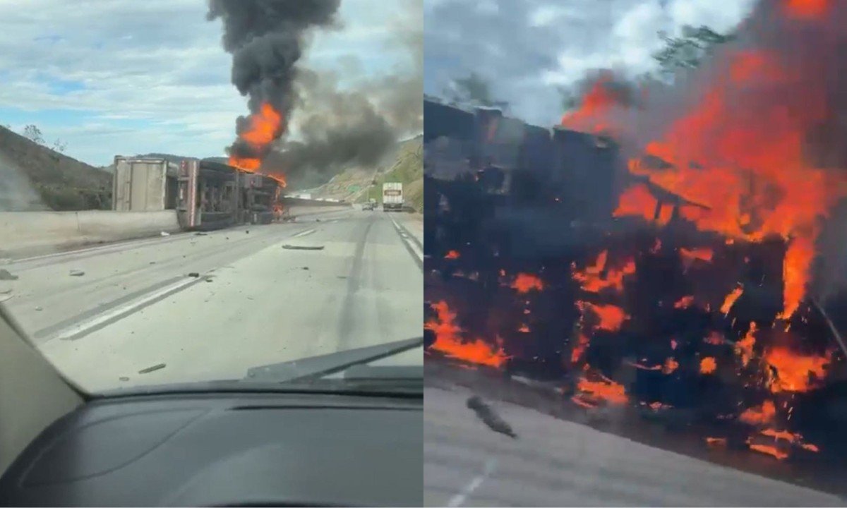 A carreta tombou e pegou fogo na BR-381, na altura de Caeté - (crédito: CBMMG / Reprodução)