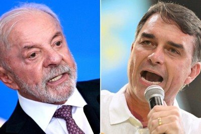 Lula e Fl&aacute;vio Bolsonaro, candidatos &agrave; presid&ecirc;ncia, est&atilde;o em empate t&eacute;cnico no segundo turno, segundo pesquisa Quaest -  (crédito: Evaristo SA e Mauro PIMENTEL / AFP)