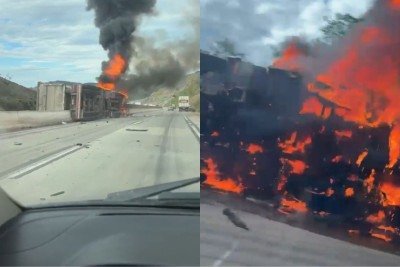 A carreta tombou e pegou fogo na BR-381, na altura de Caet&eacute; -  (crédito: CBMMG / Reprodu&ccedil;&atilde;o)