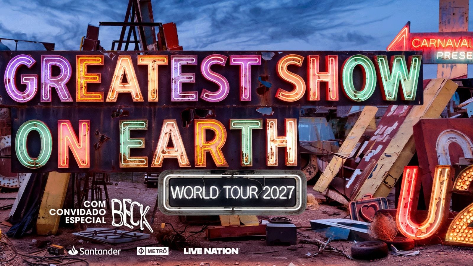 Arte de divulga&ccedil;&atilde;o da turn&ecirc; "The Greatest Show On Earth" do U2, confirmada para 2027 no Brasil com Beck como convidado especial -  (crédito: Reprodu&ccedil;&atilde;o/Ticketmaster)