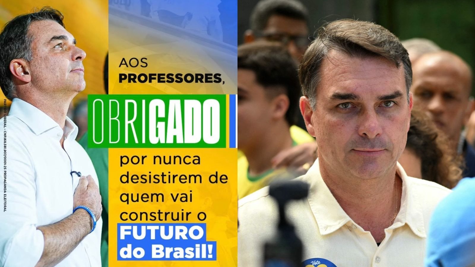 Flavio Bolsonaro em imagem de campanha com a mensagem de agradecimento aos professores, tema de sua postagem em redes sociais -  (crédito: Reprodu&ccedil;&atilde;o / Redes sociais // MAURO PIMENTEL / AFP)