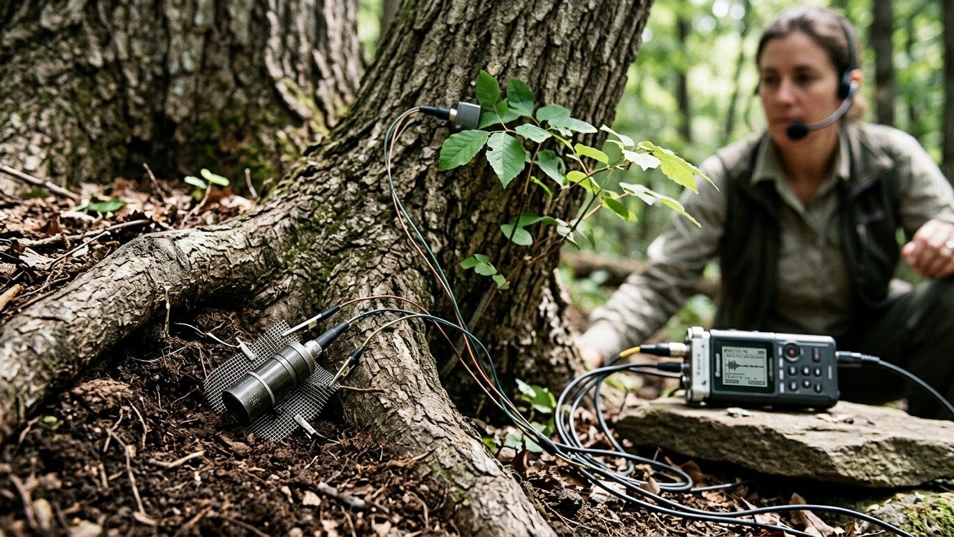 Aparelhos s&atilde;o conectados a uma &aacute;rvore e ao solo para captar as varia&ccedil;&otilde;es el&eacute;tricas das plantas e gerar melodias, como na iniciativa -  (crédito: Imagem ilustrativa gerada por IA)