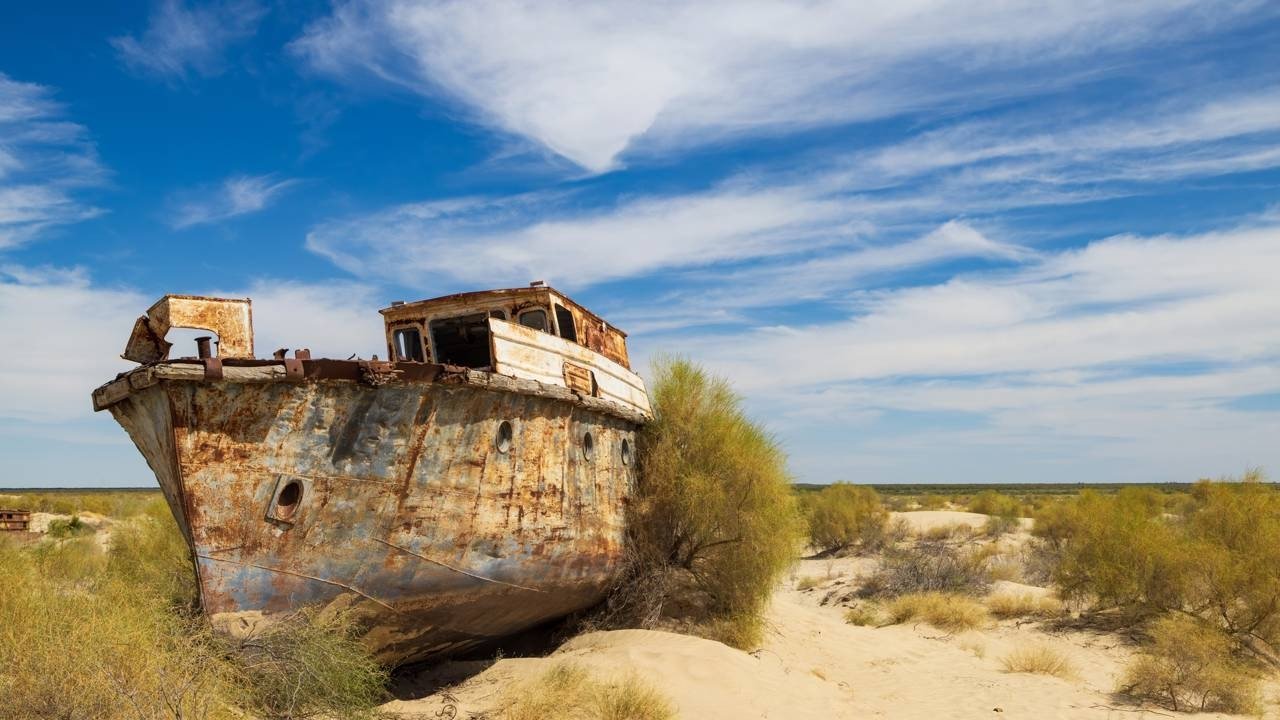 Um navio enferrujado repousa no deserto de Aralkum, testemunho da dram&aacute;tica seca que consumiu o Mar de Aral -  (crédito: depositphotos.com / MLWilliams)