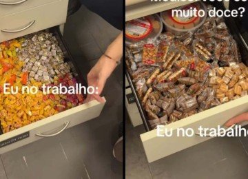 Gavetas cheias de doces no trabalho viralizam e geram identificação nas redes -  (crédito: Tupi)