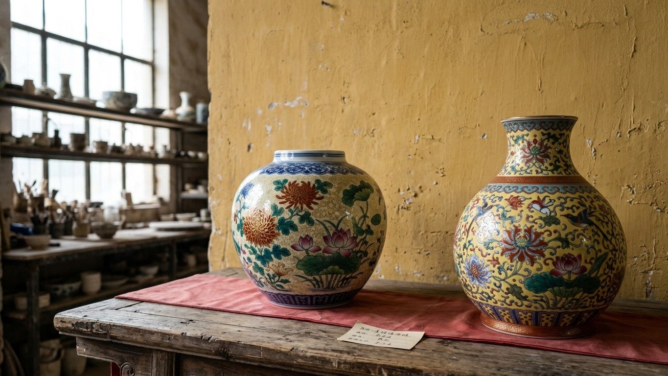 Porcelanas da Dinastia Qing, como as ilustradas, destacam a t&eacute;cnica doucai e valor hist&oacute;rico de achados raros. -  (crédito: Imagem ilustrativa gerada por IA)