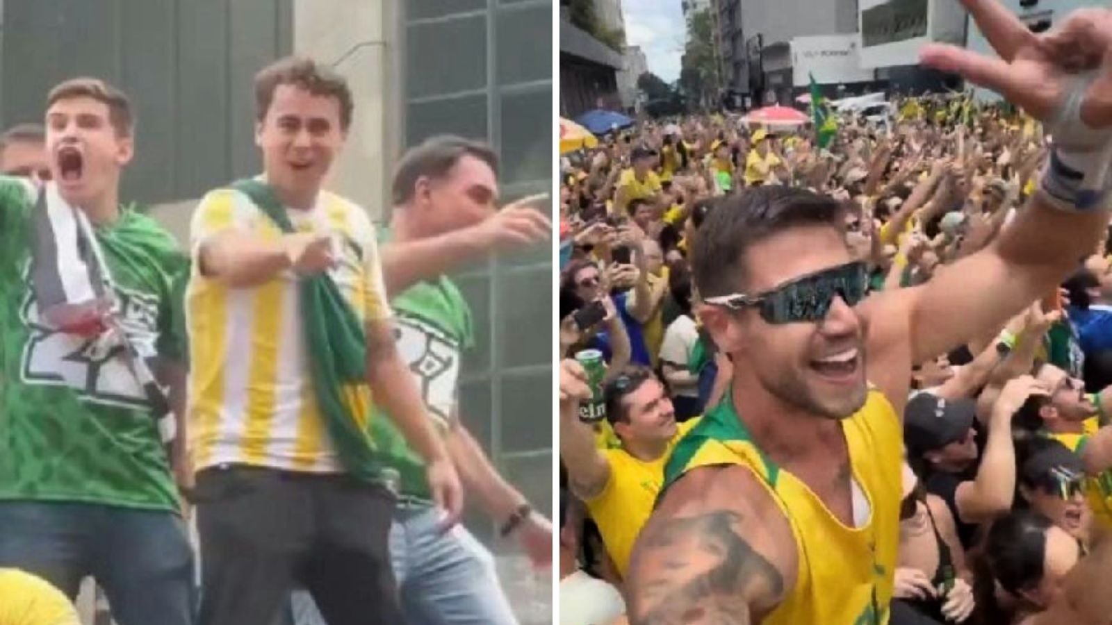 Nikolas Ferreira (&agrave; esq.) e Jonas Sulzbach (&agrave; dir.) em ato de apoio a Fl&aacute;vio Bolsonaro em S&atilde;o Paulo, cena que gerou coment&aacute;rios -  (crédito: Redes sociais)
