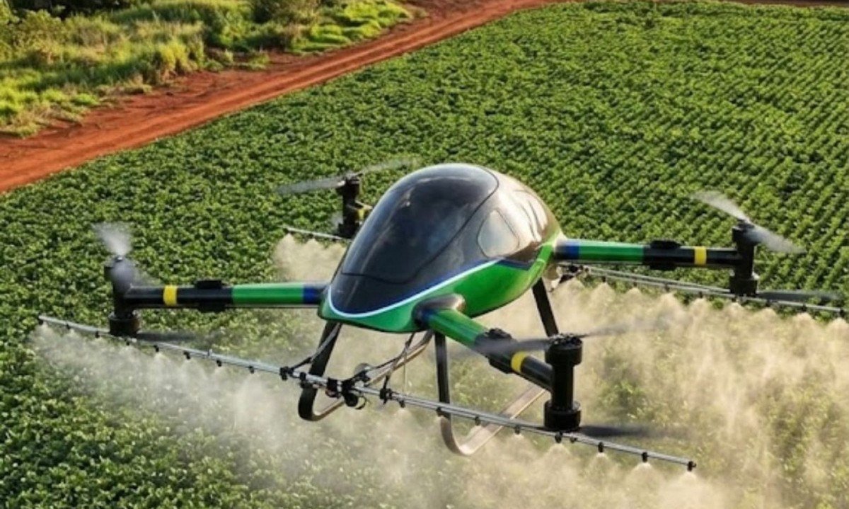 Salto do agro: o eVTOL Skyros, apresentado por Urandir, otimiza o tempo no campo - (crédito: PulseBrand)